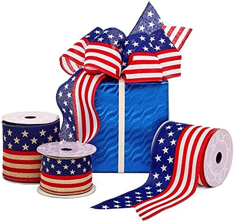 Rustic American Flag Patriotic Ribbon - 2 1/2" x 10 Yards, USA Wired Ribbon for Wreaths, 4th of July, Trees, Crafts, Decorations, Veterans Day Dec...