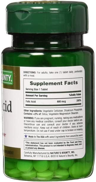 Nature's Bounty Folic Acid 800 mcg Vitamin Supplement Maximum Strength - 250 Tablets, Pack of 2...