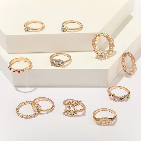 Missgrace Stackable Dainty Gold Color Boho Rhinestones Rings Set Festival Bohemian Rings Set Beach and Vacation Summer Jewelry Knuckle Rings Triba...