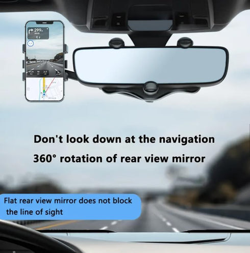 Phone Mount for Rear View Mirror, Hands Free, Compatible Apple + Samsung, 360 Degree, Rotatable and Retractable...