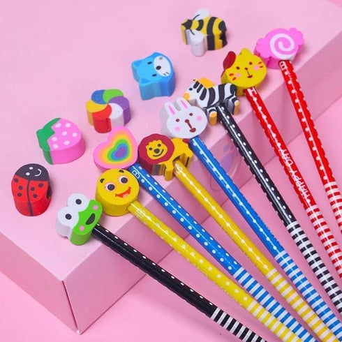 24 Pack Kids Wooden Pencils, Colorful Stripe Pencil with Cute Animals Eraser for Children, and School Supplies Pencils for Kids...