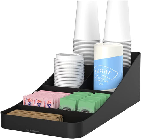Mind Reader Cup and Condiment Station, Countertop Organizer, Coffee Bar, Kitchen, Stirrers, 7.25"L x 15.5"W x 5.25"H, Black...
