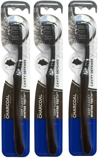 Cavity Defense Deep Clean + Whiter Teeth Toothbrush with Charcoal Extract Black Bristles and Tongue Cleaner, Medium Firmness, Individually Package...