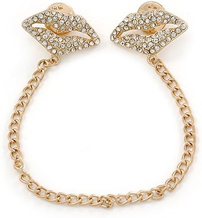 Clear Crystal Lips Collar Chain Pin Brooch In Gold Plated Metal...