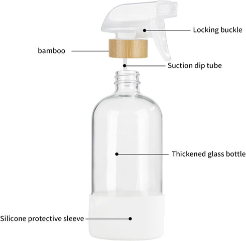 HOMBYS Empty Bamboo Glass Spray Bottles with Silicone Sleeve Protection - Refillable 17 oz Clear Glass Containers for Cleaning Solutions, Essentia...
