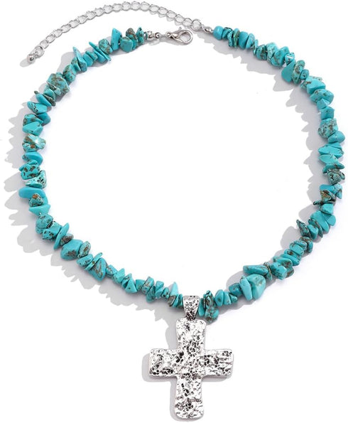 Silver Cross Pendant Turquoise Chain Choker Necklace for Women...