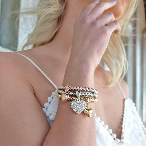 Crystal Charms Multilayer Bracelets - 3PCS Gold/Silver/Rose Gold Corn Chain Bracelet for Women, Tree of Life Heart Shaped Stretch Bracelet...