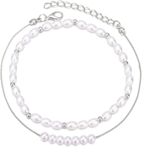 Boho Pearl Ankle Bracelet for Women Girls, Silver Double Layered Pearl Beaded Anklet Beach Foot Chain Jewelry Gifts...