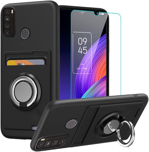 for TCL 30 XL T701DL Phone Case with Tempered Glass Screen Protector, Card Holder with Ring stand case for TCL 30 XL T701DL Cover - Black...