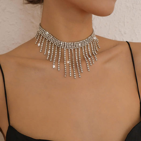 Rhinestone Choker Necklaces Silver Neck Chain Sparkly Tassel Necklace Dainty Party Prom Necklace Jewelry for Women...