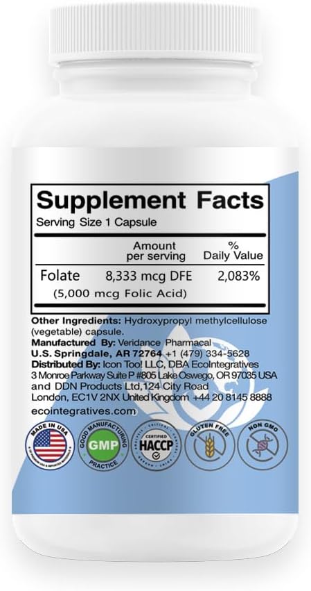 Folic Acid Folate 5mg (B9) Prenatal, Reproductive Health, Homocysteine, Metabolism, Cardiovascular, Bone, Immune Support, Allergen Free, Non GMO -...