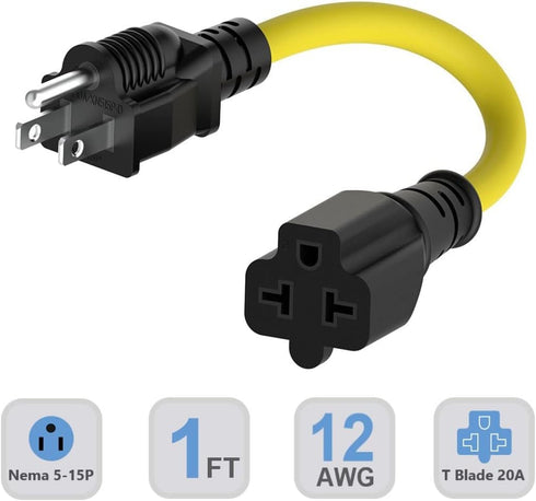 1-FT 15 Amp Household AC Plug to 20 Amp T Blade Adapter Cable 12AWG Nema 5-15P to 5-20R,5-15P to 6-15R/20R 20-Amp to 15-Amp Plug-Adapter Cord,Heav...
