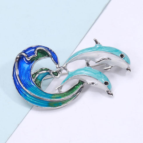 Jumping Dolphin Brooch Marine Animal Pin Coat Accessories Cute Enamel Rhinestone Collar Lapel Pins Blue Dolphin Ocean Sea Animal Corsage Clothes S...