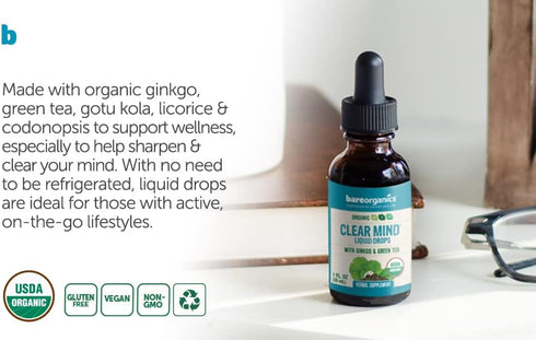 BareOrganics Clear Mind Liquid Drops, Herbal Supplement, Organic Drops, 1 Ounce...