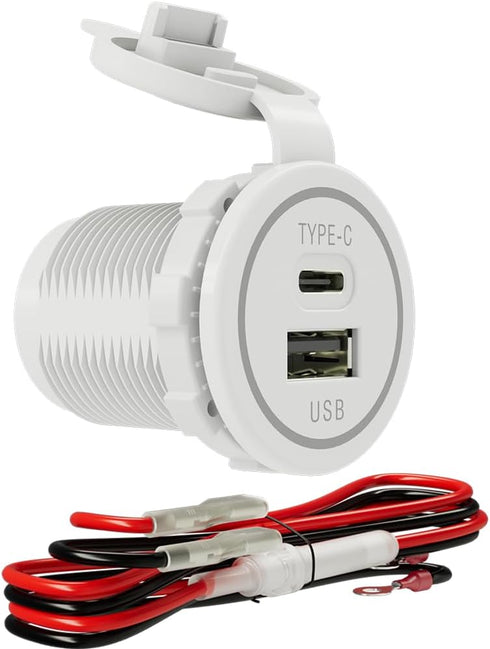 YM1218 USB Type C 12V PD30W FAST CHERGER Waterproof with Cap Type C USB Car Charger Socket 12V/24V for Car, Boat, Golf Cart, Bus, RV, Golf, Automo...
