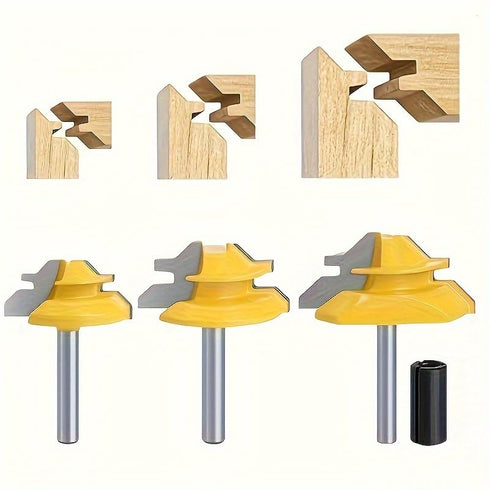 3PCS 45 Degree Lock Miter Router Bit Set, 1/4 Inch Shank Woodworking Tools Set with 1/4 Inch to 1/2 Inch Router Collet Converter for Cutting Heigh...