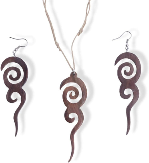 Tribal Wood Earrings and Necklace Set for Women, Long Spiral Dangling Earrings, Adjustable Cord Necklace, Wooden Jewelry...