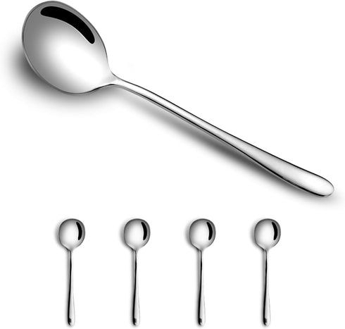 4-Piece Round Stainless Steel Bouillon Spoons Soup Spoons, Stainless Steel Large Round Spoons, Heavy-Weight Round Deep Bowl Spoon Set, Dinner Meta...