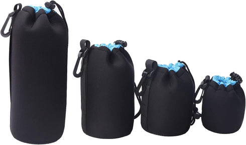 N-S 4 Pack Neoprene Pouch, Soft Plush Camera Lens Pouch, Compatible with Canon, Nikon, Sony, Olympus Pentax Lens Pouches (Black+Blue)...