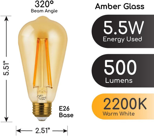 Euri Lighting VST19-3020ea, Dimmable LED ST19 Filament, 5.5W (60W Equal) 500lm, 80CRI, Warm White (2200K), Amber Tint, E26, 120V, Wet Rated, UL En...