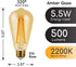 Euri Lighting VST19-3020ea, Dimmable LED ST19 Filament, 5.5W (60W Equal) 500lm, 80CRI, Warm White (2200K), Amber Tint, E26, 120V, Wet Rated, UL En...