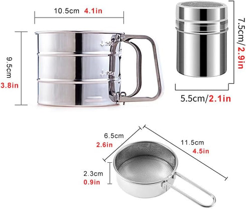 3 in1 Stainless Steel Flour Sifter for Baking 3 Cup Sifter for baking, Flour Sifter for Baking Cakes, Pastries, Pies, Cupcakes and Desserts, Powde...