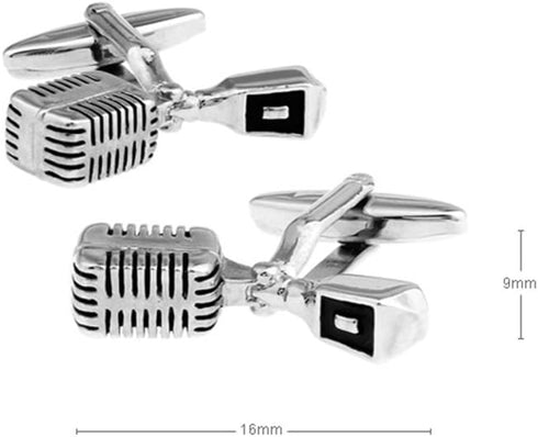 Old-School Broadcast Microphone Silver with Black Music Cufflinks...