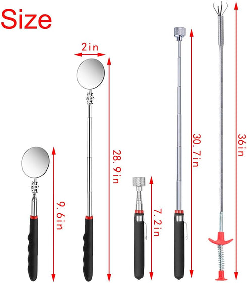 4 Pack Telescoping Magnet Pick-up Tool Set - Retrieving Telescoping Magnet Pickup Tools, Telescoping Inspection Mirror, Bendable Spring Magnet Sti...