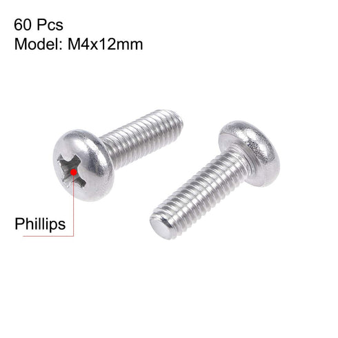 uxcell M4x12mm Machine Screws Pan Phillips Cross Head Screw 304 Stainless Steel Fasteners Bolts 8mm Head Dia 60Pcs...