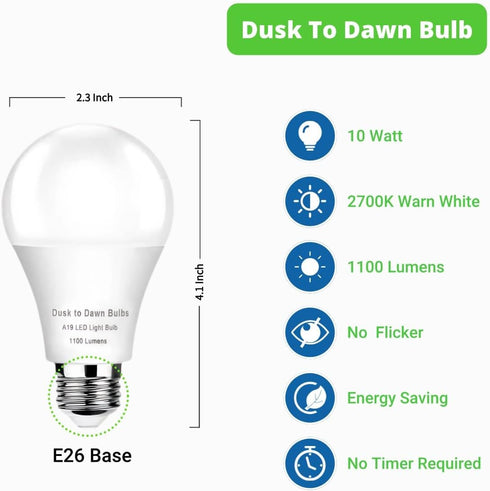 4 Pack Dusk to Dawn Light Bulbs Outdoor, 2700K Warm White 1100LM,Sensor A19 LED Light Bulb, Auto on/Off Photocell Automatic for Indoor & Outdoor L...