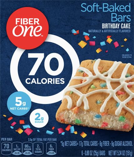 Fiber One 70 Calorie Soft-Baked Bars, Birthday Cake, Snack Bars, 6 ct...