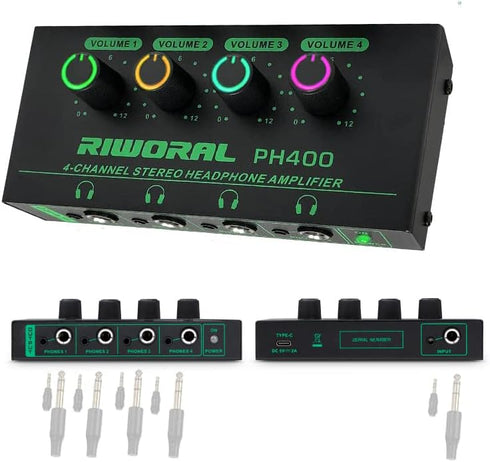 4 Channels Headphone Amplifier with 1/4" and 1/8" TRS Jack Input for Dj Mixer Headphone Mixer Amps Headphone Splitter with Separate Volume Control...