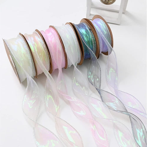 BBJ WRAPS Luxury Iridescent Fishtail Yarn Gift Ribbons for flowers Bouquet Packaging Korean Sheer Organza Wired Ribbon for Valentine's Day Wedding...