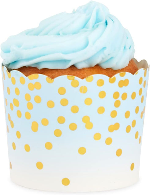 Sparkle and Bash 50 Pack Blue and Gold Polka Dot Cupcake Liners Wrappers, Muffin Paper Baking Cup for Wedding & Birthday...