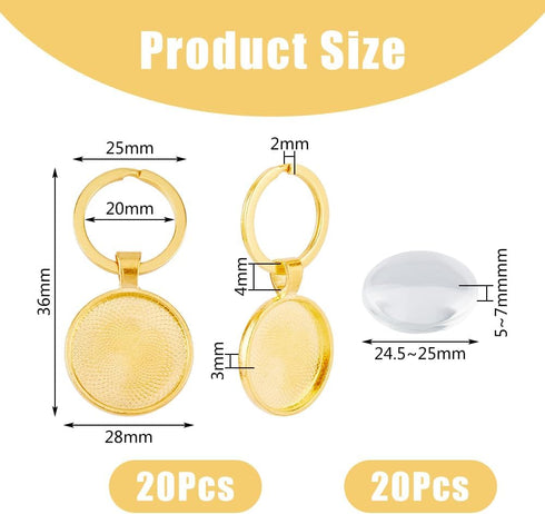DICOSMETIC 20 Sets Blank Cabochon with Keychain Set Golden Alloy Pendant Cabochon Settings and Glass Cabochons DIY Blank Dome Keychain Making Kit ...