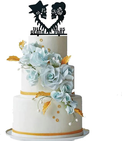 Till Death Do Us Part Wedding Cake Topper - Mr and Mrs Skull, Skeleton Couple, Black Silhouette (Skull)...