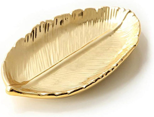 Lependor Golden Leaf Shaped Small Ceramic Jewelry Ring Dish Necklace Bracelet Holder Tray Organizer, Ceramic Decorative Trinket Dish for Wedding P...