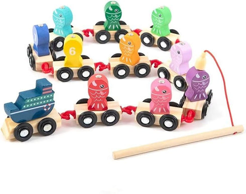 Magnetic Fishing Game for Kids, Wooden Train Set with Numbers Montessori Counting Toys, Preschool Math Learning Educational Game Birthday Gift Fin...