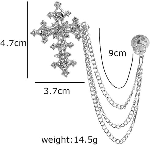 Vintage Cross Tassel Chain Brooch Collar Pin,Crystal Rhinestone Cross Long Chain Lapel Pin,Suit Coat Breastpin Jewelry for Women Men...