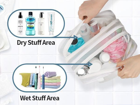CUBETASTIC Clear Toiletry Bags for Traveling 2 Compartments Dry/Wet Separation Shower Bag with Mesh Draining Section, Portable Clear Makeup Bag & ...