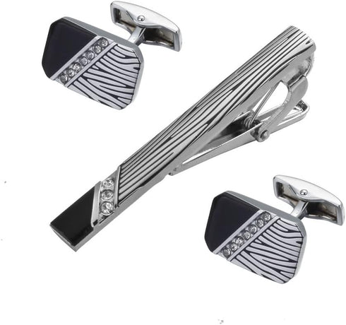 Cufflinks and Tie Clip for Men Set Silver and Black Stripe Necktie Tie Bar Clips Rectangle Round Cufflink Mens Business Shirts Tuxedo Wedding Gift...
