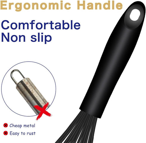 Dishwasher Safe Silicone Whisk, Sealed Waterproof Design Set of 3, Professional Kitchen Whisks for Cooking Non-Scratch, Silicone & Stainless Steel...