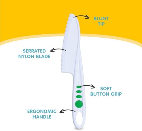 Curious Chef 3-Piece Nylon Knives for Kids - White & Green - Child Safe & Serrated Blunt Tip Chef Knives - Safe for Nonstick Pans...