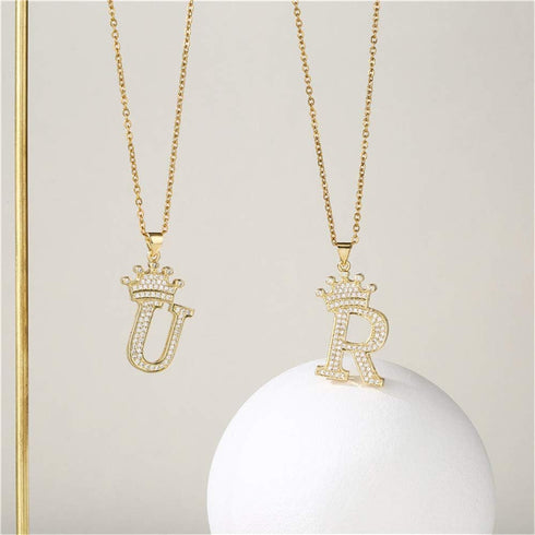 A-Z Crown Initial Necklace for Men Women 14K Gold Plated Iced Out Monogram Pendant with 18" Chain+2"(Extended) DIY Name Jewelry...