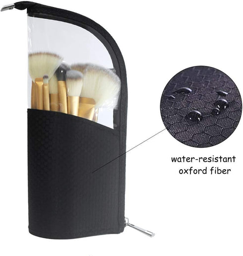 ANEMEL Black Travel Makeup Brush Holder 2-Pack, Organizer Bag Clear Plastic Cosmetic Zipper Pouch Portable Waterproof Dust-Free Stand-Up Small Toi...
