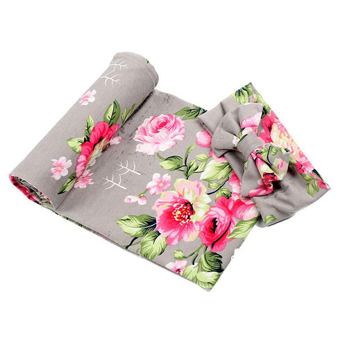 Galabloomer Newborn Receiving Blanket Headband Set Baby Flower Rose Swaddle with Big Bow (Gray)...