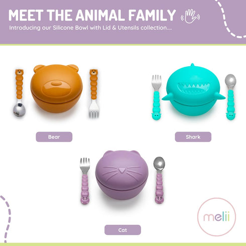 melii Silicone Bowl with Lid & Utensils – spoon and fork for Baby, Toddlers and Kids, BPA Free, Dishwasher & Microwave Safe (Cat)...