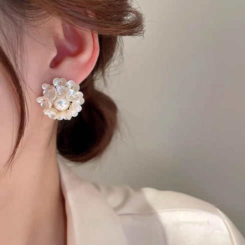 Round Flower Shell Pearl Stud Earrings for Women Girls 925 Sterling Silver Post Pin 14K Gold Plated Dainty White Hydrangea Clover Cluster Leaf Blo...