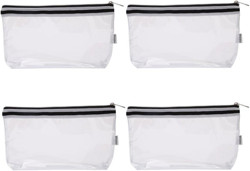Multi-purpose Waterproof Clear Vinyl Zippered Toiletry Cosmetics Makeup Pouch With French Tape 4-pack...