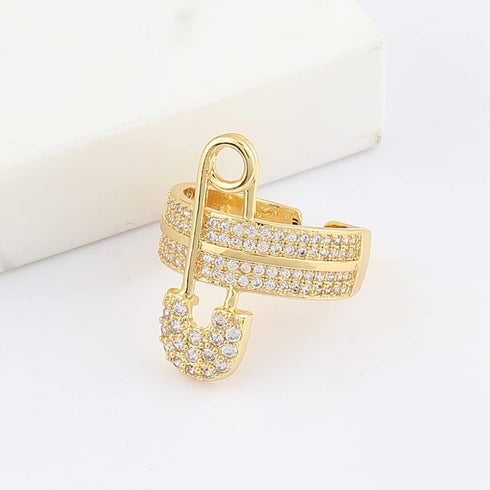 NewZenro Wide Flat CZ Safety Pin Chunky Open Rings Fashion Cubic Zirconia Paved Expandable Engagement Promise Statement Band Rings 14k Gold Plated...